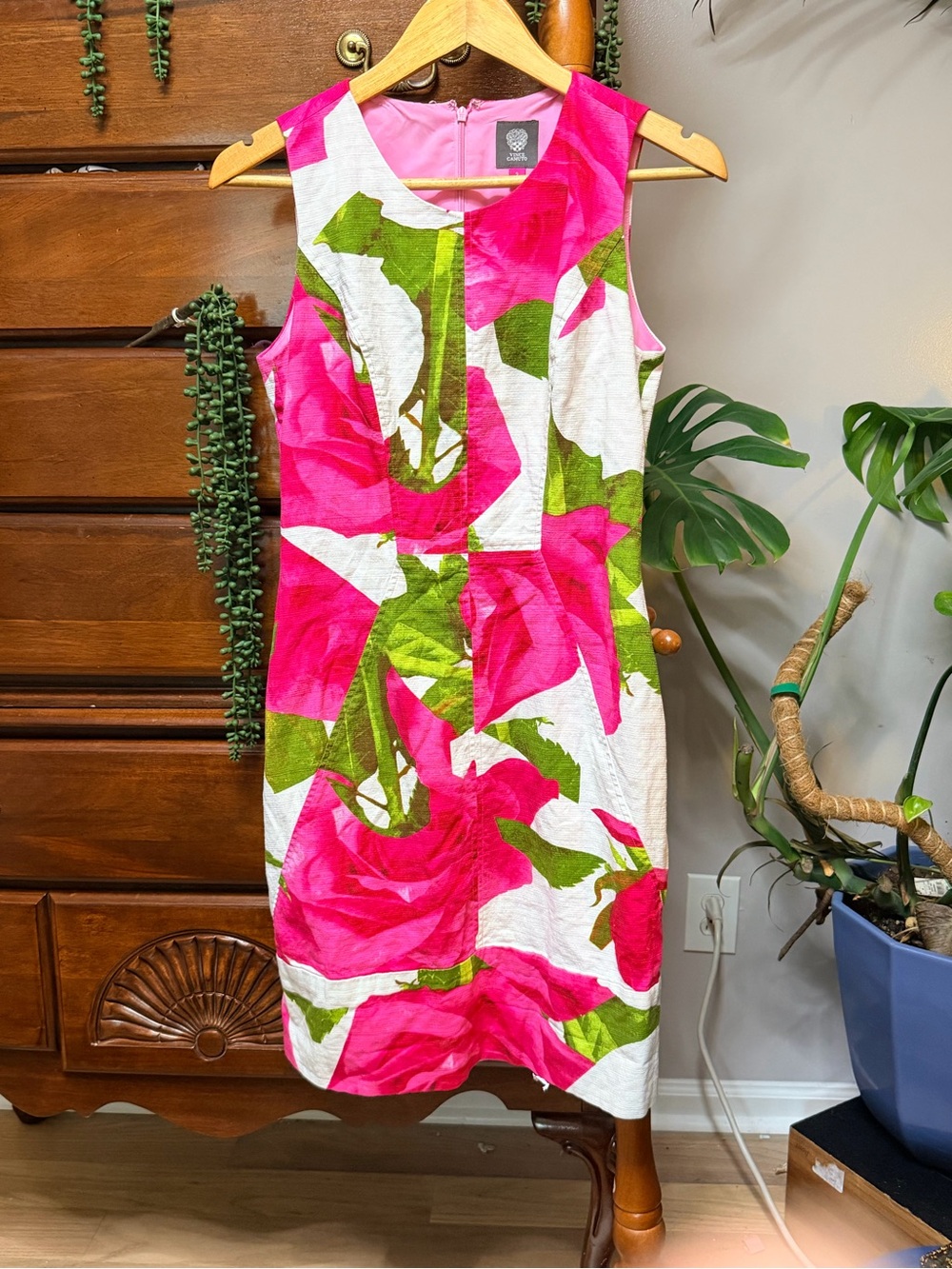 Vince Camuto Hot Pink, White & Green Floral Midi Dress